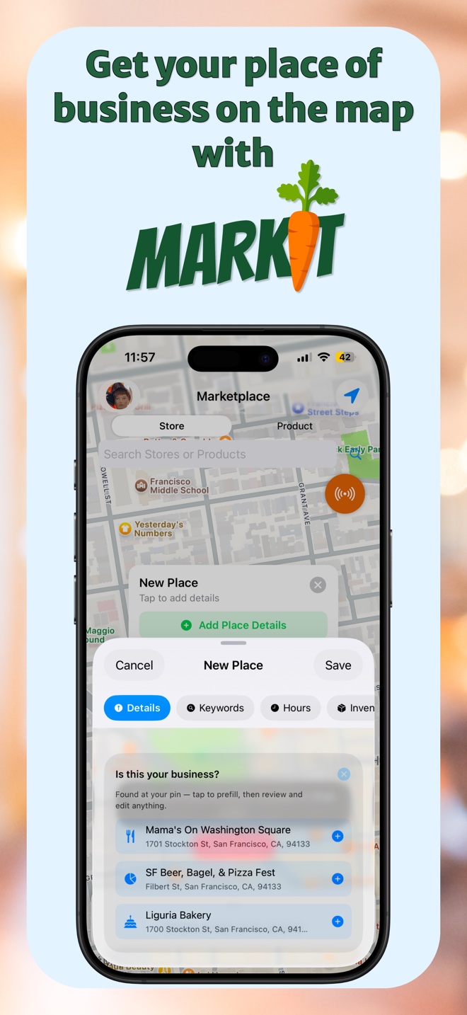 Markit app screenshot — pinning a new place on the map, with nearby business details prefilled