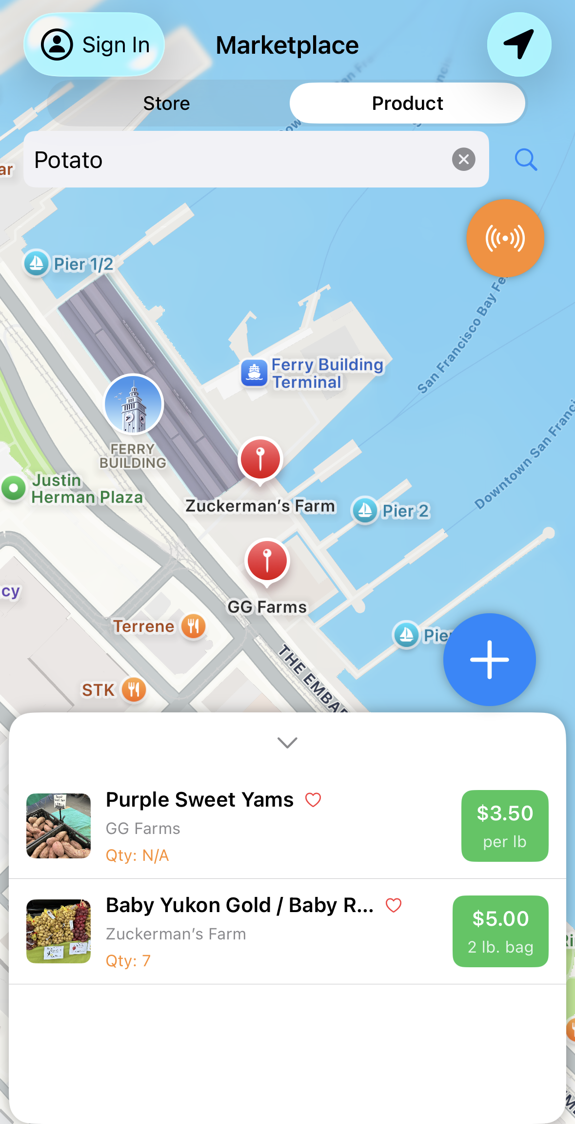 Consumer map search results for fresh produce