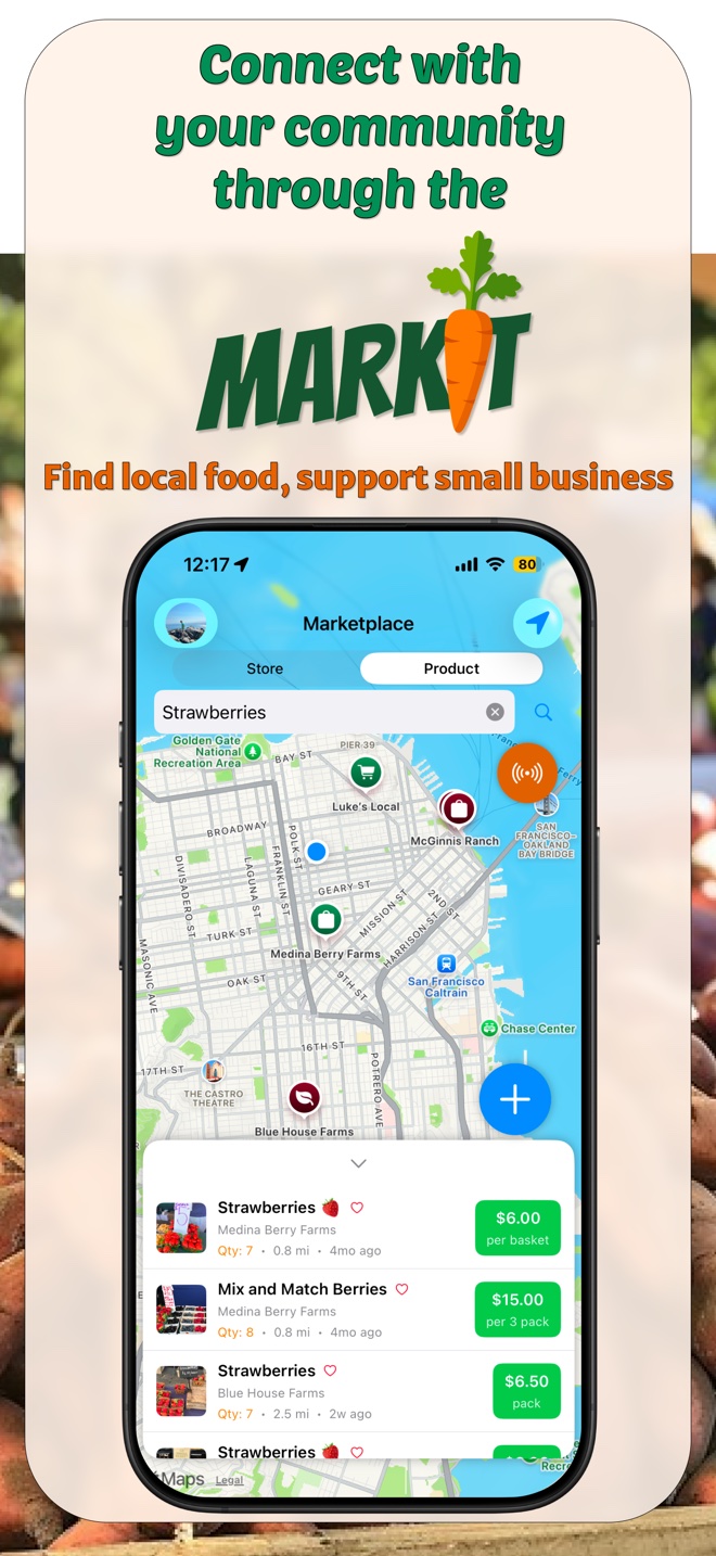 Markit app screenshot — searching the map for strawberries and finding local farm listings with prices