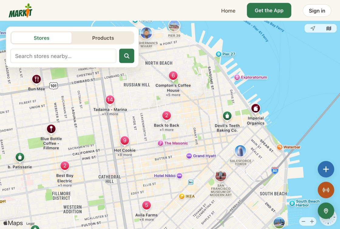 The live Markit web map showing local producers around San Francisco