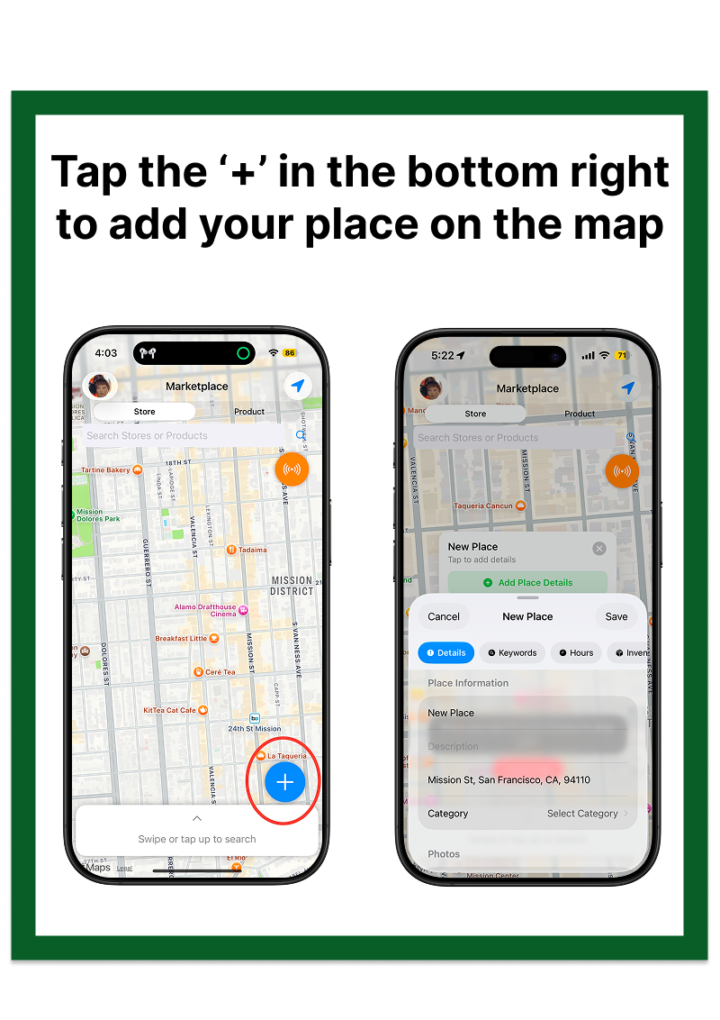 Adding a place involves clicking the blue plus button in the bottom right