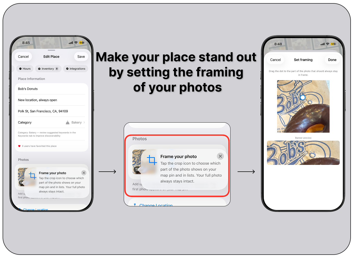 Three photos highlighting adding photos associated with places & how you can crop their focal point & preview how it looks