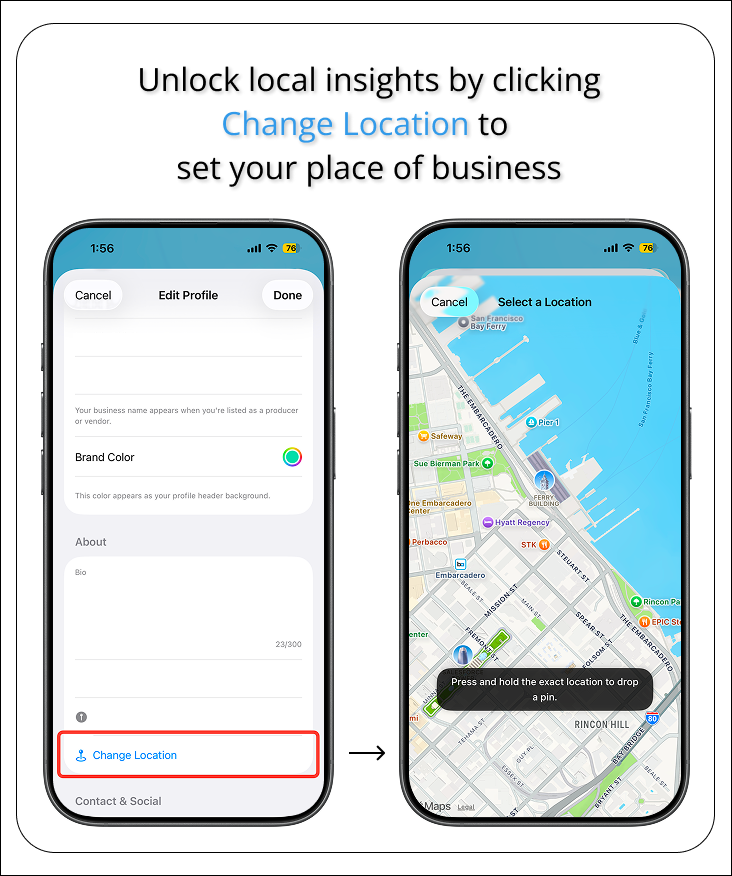 Edit Profile → showing
                                'Change Location' and the map location picker